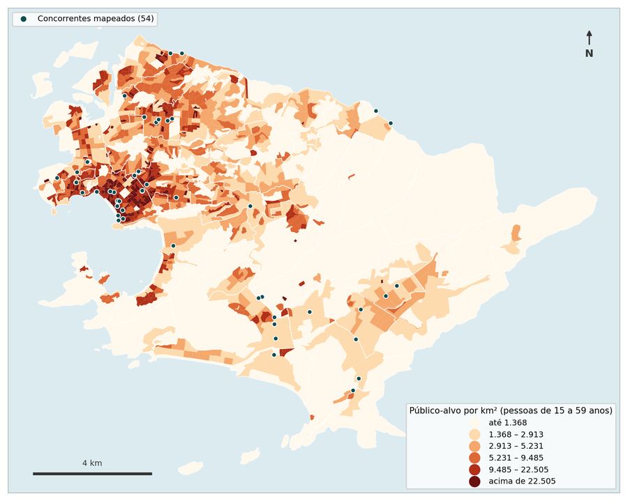 Mapa de calor do público-alvo por km² com os concorrentes marcados.