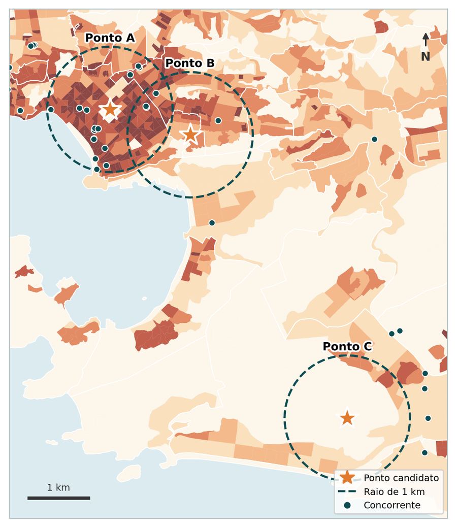 Mapa com três pontos candidatos e seus raios de 1 km.
