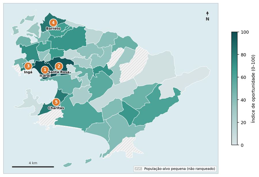 Mapa de Niterói com o índice de oportunidade por bairro e os cinco melhores bairros numerados.