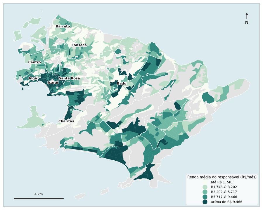 Mapa de renda média do responsável por setor censitário em Niterói.